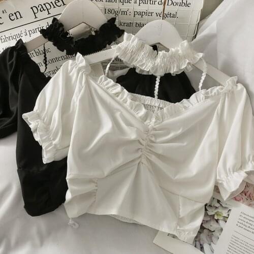 Abrini Women Off Shoulder Pleated Halter Blouses Women Sexy Tops Pleated Blouse Crop Tops V-neck Lolita Style 2021 Summer