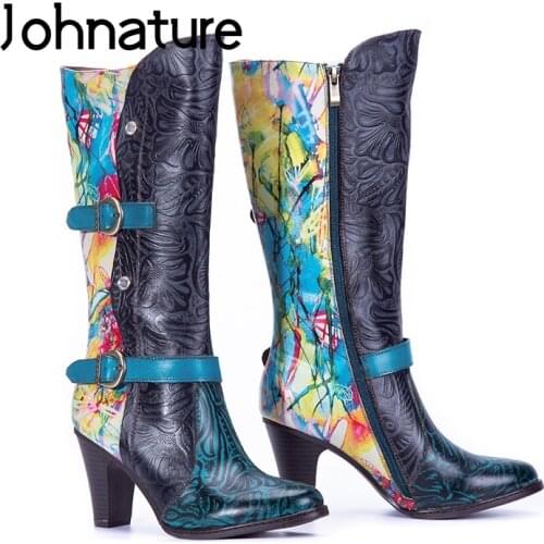 Johnature 2020 New Winter High Heel Boots Genuine Leather Pointed Toe Zip Women Shoes Hand-painted Sewing Leisure Platform Boots