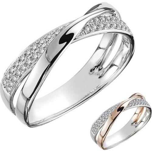 Alloy Two Color X Shaped Cross Ring for Women Wedding Fashion Jewelry Dazzling Stone Modern Big Rings