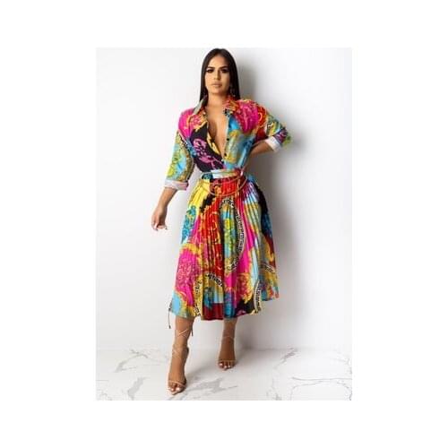Women Dress 2020 New Arrival Sexy A-line Dresses Chic Print Turn-down Collar Elegant Pleated Bodycon Midi Dress Vestidos