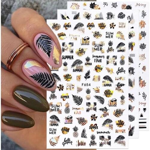 1PC Gold Black Laser Leaves Tree 3D Nail Sticker Holographics Geometrics Lines Adhesive Transfer Sticker DIY Nail Decoration