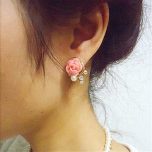 2019 Fashion Pink Roses Ear Stud Earrings Rhinestone Pearls Branches Stud Earrings for Women Gift Party Wedding Jewelry Hot