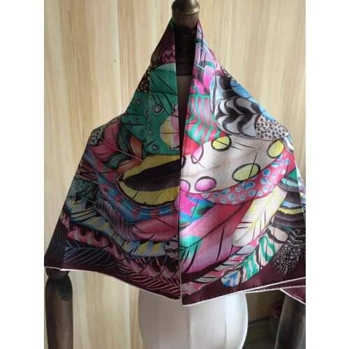 2021 new arrival fashion elegant brand purple feather 100% silk scarf 90*90 cm square shawl twill wrap for women lady girl