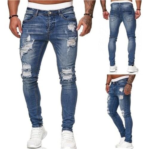 2021 High Quality Man Denim Clothing Men Ripped Skinny Jeans Blue Slim Fit Hole Pencil Pants Casual Biker Trousers Streetwear