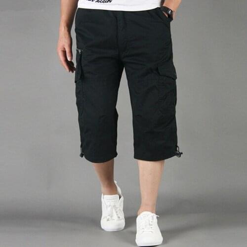 Hot 5XL Men Summer Casual Cotton Multi Pockets Breeches Cropped Trousers Military Camouflage Shorts Long Length Cargo Shorts
