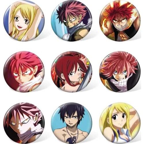 9pcs 58mm Fairy Tail Natsu Lucy Cartoon Badge Anime Round Brooch Pin