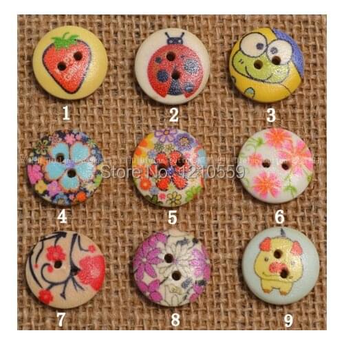 Free Shipping High End 90pcs 9 Color Beautiful Flower Animal Round Wood Wooden Buttons 18mm Sewing Craft