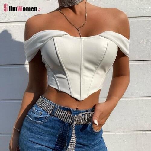 White PU Leather Sexy Corset Top Off Shoulder Chiffon Strapless Female Bodycon Top Cropped Tops Women Party Slim Bustier Camis
