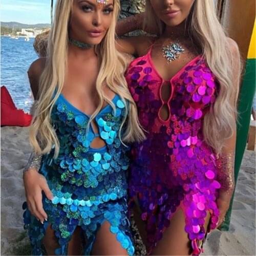 Shiny Disc Sequin Tassel Dress V-Neck Cross Back Lace-up Bandage Party Dress Raves Festival Clothing Holographic Metallic Dress