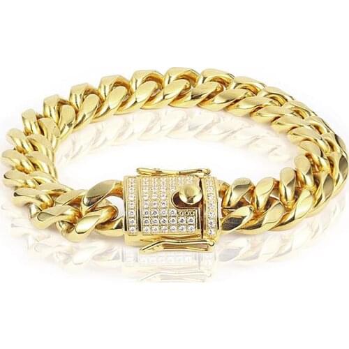 Gold Filled Men Women Hip Hop Miami Cuban Chain Bracelet Double Safety Clasps With CZ Stainless Steel Jewelry 10/12/14/16/18mm