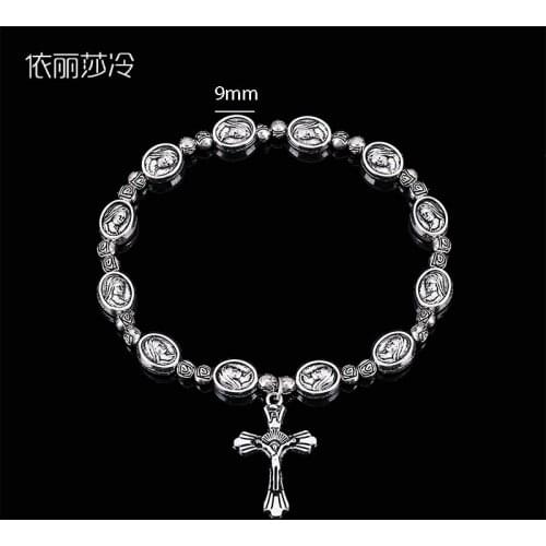 Jesus Mary Beaded Rosary Bracelet, Holy Mercy Beaded Bracelet in Rose Center. Religious prayer beads bracelet