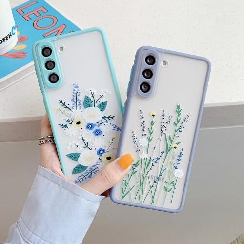 Retro Flower Leaf Camera Protection Case For Samsung A52 A72 A51 A71 A32 S21 S20 Ultra S20 FE A21S Soft TPU + PC Matte Cover