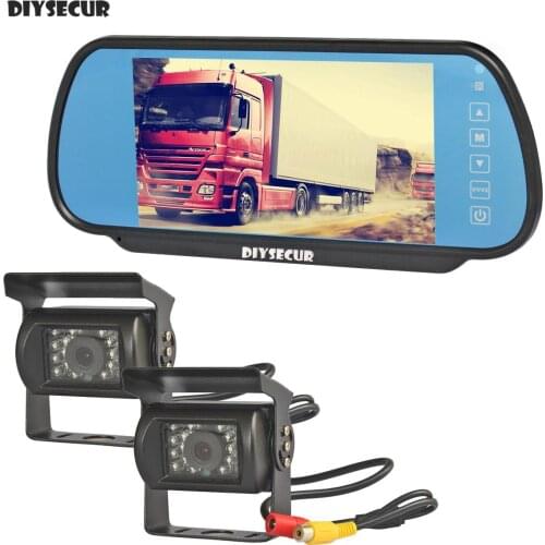 DIYSECUR Wired 7inch Mirror Monitor Car Monitor + 2 x Waterproof Night Vision CCD Rear View Car Camera for Truck Caravan Bus Van