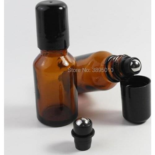 15ml Glass Amber Roll Ball Bottle Jars Vials With black Cap For Cosmetic Perfume Essential Oil Bottles F525
