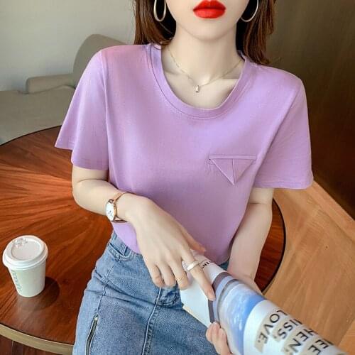 New O-neck Summer Fashion Triangle Fake pocket Shirt T Shirt Women Tops Loose Short sleeve Women Tshirt women clothes
