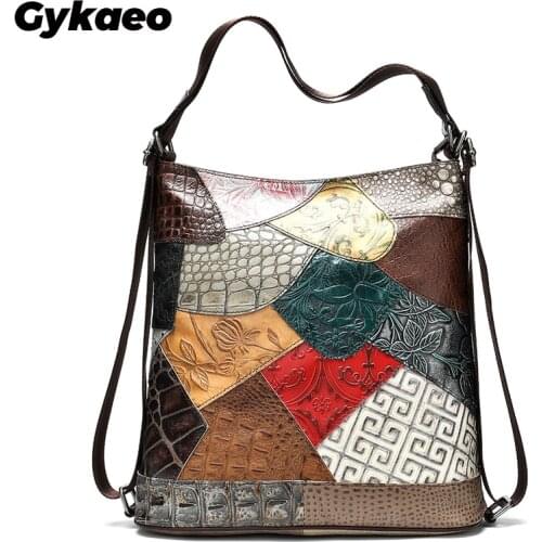 Gykaeo Women Patchwork Colors Genuine Leather Shoulder Bag Ladies Large Capacity Cowhide Messenger Bags Multifunctional Backpack