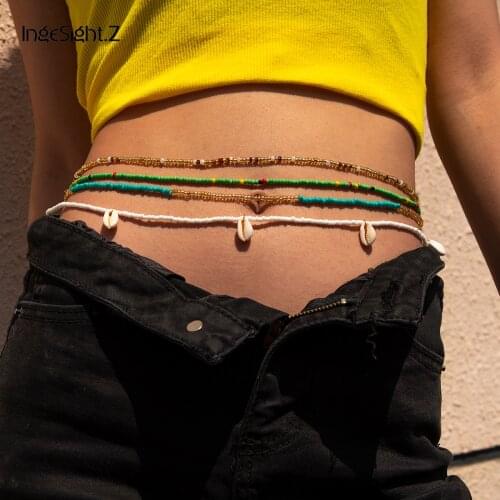 IngeSight.Z 4Pcs/Set Natural Shell Cowrie Tassel Pendant Harness Waist Belly Chain Rainbow Seed Beaded Chain Bikini Body Jewelry