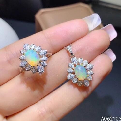 KJJEAXCMY fine jewelry 925 sterling silver inlaid natural opal Womens exquisite fashion plant gem ring pendant set support test