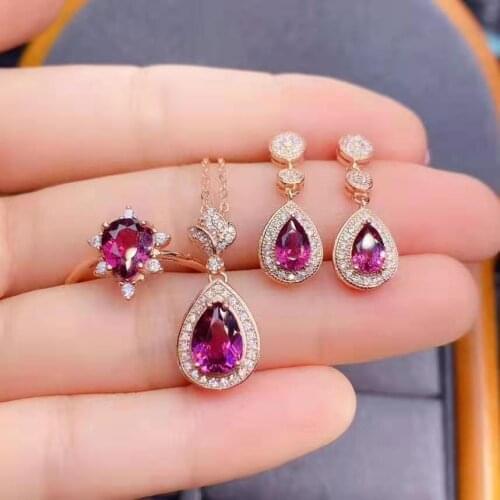 Natural Garnet Ring Earrings Pendant Necklace Set S925 Sterling Silver Fine Fashion Jewelry for Women Free Shipping MeibaPJFS