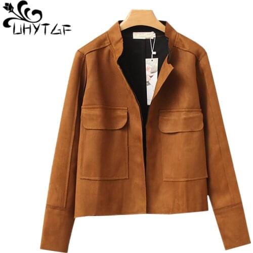 UHYTGF Autumn Jacket Women Luxury Deer Suede Short Coat Long Sleeved Cardigan Female Windbreaker Elegant Loose Plus Size Tops 38