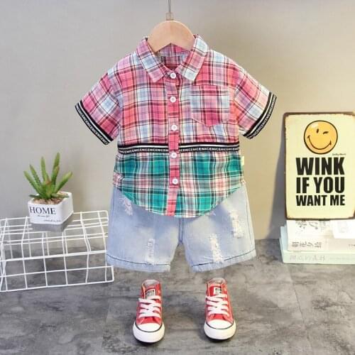 Summer Hot Sale Clothing for Boys Plaid Shirt+Jeans Childrens Clothing 2 Pcs Kids Clothes Boy Casual Family Clothing Sets 1-4 Y