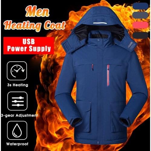 2021 Men Outdoor Winter USB Infrared Heating Hooded Jacket Electric Thermal Clothing Coat For Hiking Heated Jacket Plus Size 5XL