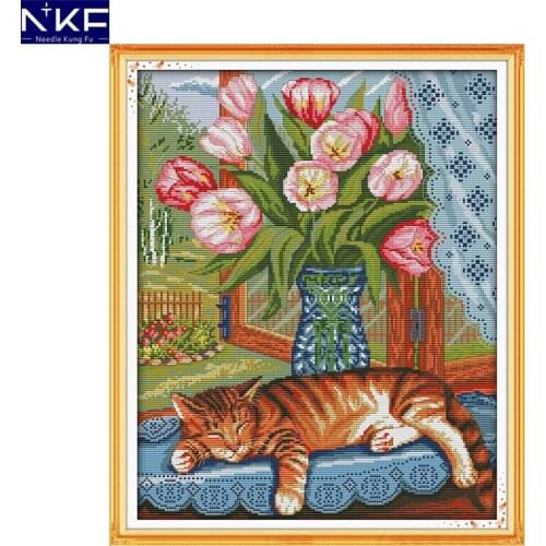 NKF Cat on The Windowsill Chinese Cross Stitch Sets Needle Craft Counted Stamped Canvas Cross Stitch Wedding for Home Decoration