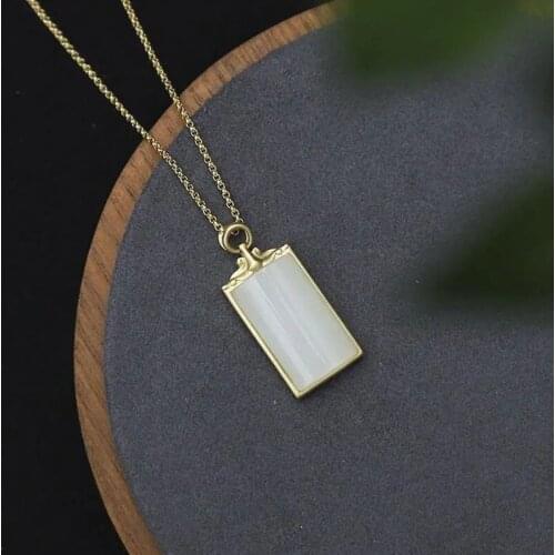 New Silver Inlaid Natural Hotan White Jade Pendant Square Frosty Wind Necklace Womens Brand Jewelry Memorial Day Gift