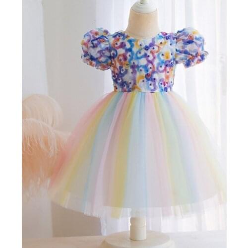 Girls rainbow Princess Dress 0-4 years old baby girls first birthday party Colorful petal Embroidered Beaded Lace Dress