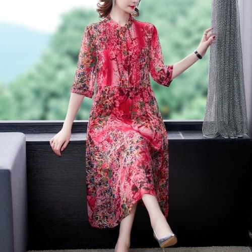 Retro Floral Dress Stand Collar Half Sleeve Loose Fashion Korean Summer Clothing 2021 New Plus Size 4XL Female Vestidos zh1330