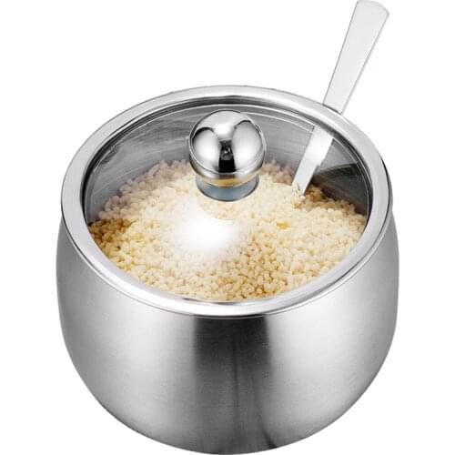 Sugar Bowl Stainless Steel Cruet with Lid&Spoon Salt Shaker Sauce Cruet Seasoning Jar