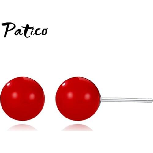 New Statement Korean Women 925 Sterling Silver Earring Pendant 8mm 10mm Bright Red Ball Cartilage Pierced Rings Jewelry Gift