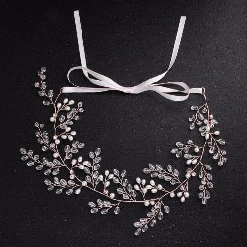 Floralbride Rose Gold Wired Rhinestone Crystals Pearls Wedding Headband Bridal Hair Vine Hair Accessories Women Jewelry