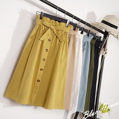 Spring Summer Skirts Womens Midi Knee Length Korean Elegant Button High Waist Skirt Female Pleated School Skirt