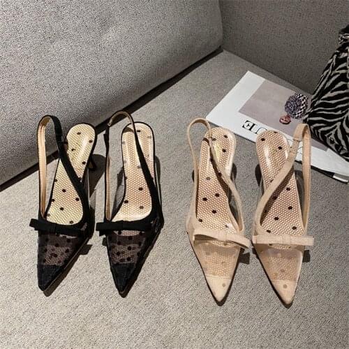 Pointed Toe Women Sandals Air Mesh Back Strap Thin High Heels Black/Beige Bow Design Summer Party Pumps Slingback Party Pumps
