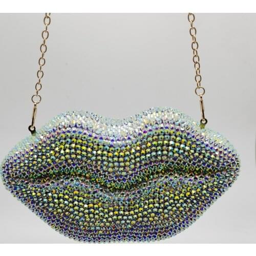 Female Red/Green/Silver AB Diamond Women Lip Clutches Bags Minaudiere Wedding Cocktail Party Crystal Evening Bag Purses Handbag