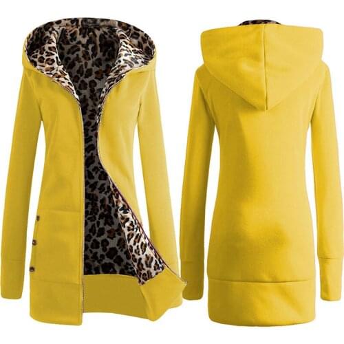 Women Plus Winter Thicker Hooded Coats Autumn Leopard Zipper Hoodes Coat Overcoat Outwear Female Korean Style Pocket Jacket