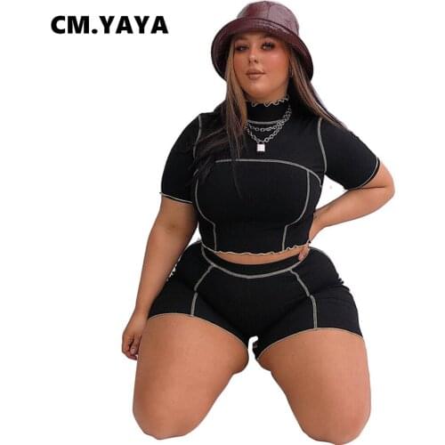CM.YAYA Women Set Plus Size Solid Short Sleeve Half High Collar Crop Tops Sheath Elastic Short Pants 2 Piece Sets Summer Outfits