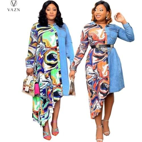 VAZN 2020 V-neck Full Sleeve Simple Casual Print Patchwork Mini Dresses Evening Gown Women Elegant Sexy Dress