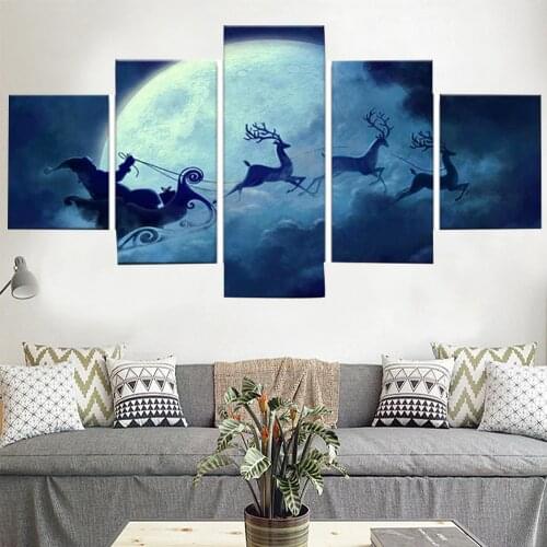 5 Pieces Wall Art Canvas Cartoon Landscape Poster Deer Flying In The Sky Modern Home Canvas Pictures For Living Room Decor