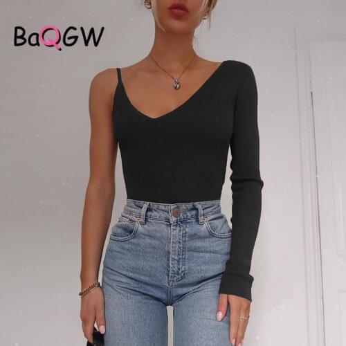 BaQGW Casual Solid Knitted Skinny V Neck One Shoulder Long Sleeve Bodysuit Basic Woman Body Autum Sexy Party Club Bodysuits Slim