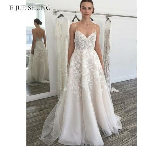 E JUE SHUNG White Lace Appliques Simple Wedding Dresses v-neck spaghetti straps Bride Dresses Wedding Gowns robe de mariee
