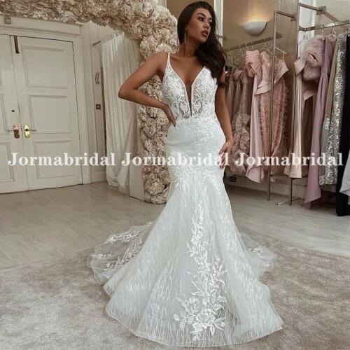Shiny Mermaid Wedding Dresses Illusion Deep V-Neck Floral Appliques Glitter Tulle Backless Bridal Gown Custom Long Chapel Train