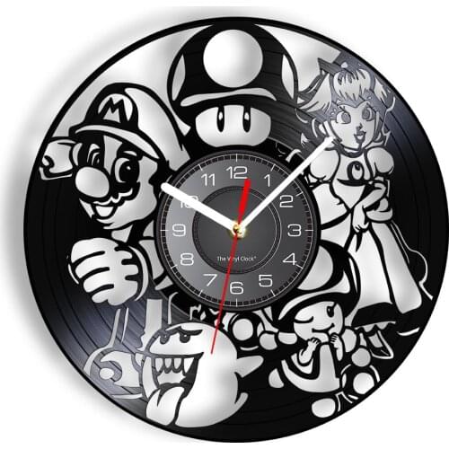 Video Game Inspired Vinyl Record Clock Princess & Mr. Mario WIth Magic Mushrooms Longplay Record Wall Watch Silent Hanging Decor