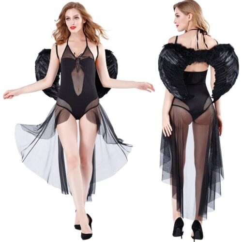 Black Mesh Sheer Sexy Angels Costume With Wing Women Sexy Lingerie Uniform Angels Cosplay Halloween Role Playing Games Costume
