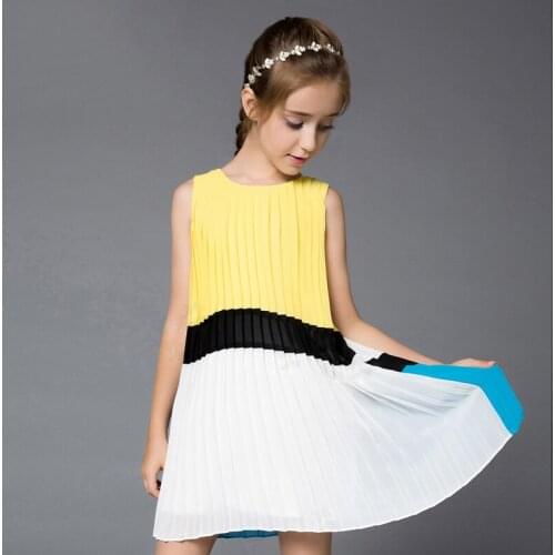 European and American childrens clothes womens summer stripe stitching chiffon girl dress sleeveless sling pleated