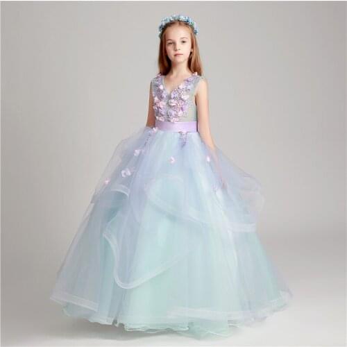 Flower Girl Dresses V-Neck Princess Sleeveless Lace Appliques Pearls Ruched Ball Gown Floor-Length Tulle Kids Party Skirt H131