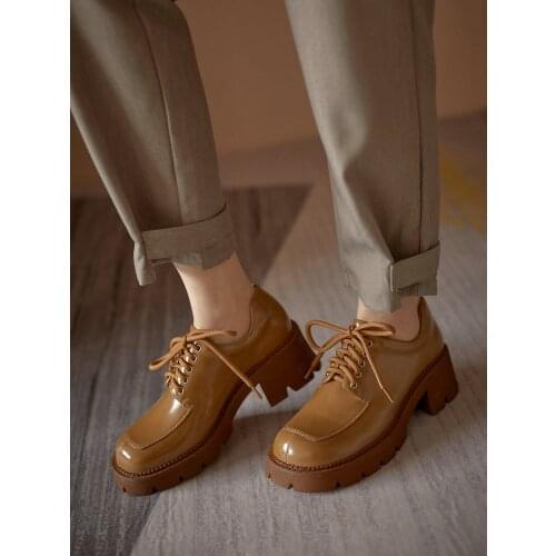EshtonShero Patent Leather Shoes Spring Lace Up Shoes Round Toe Womens Square Med Heels Retro Platform Lolita Shoes Woman