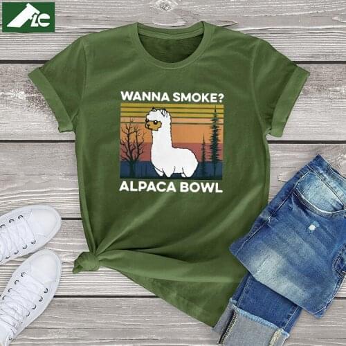 Kawaii Alpaca Graphic T Shirt Women Clothing Wanna Smoke Alpaca Bowl Vintage girls Tees Womens Shirts Harajuku Unisex Men Tops