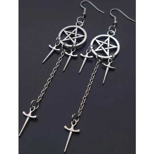 Pentagram Sword Earrings Silver Plated Huggie Hoops Dangle Witchy Jewelry Pagan Wiccan Tarot Gothic Emo Gift for Women